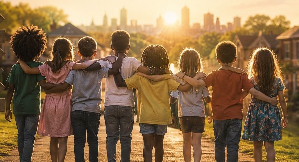 Diverse children holding hands in a community garden